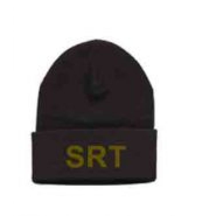 SRT KNIT HAT - OD GREEN "SRT" LETTERING on BLACK KNIT HAT.
